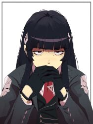 Rule 34 | 1girl, absurdres, bags under eyes, black gloves, black hair, black jacket, blazer, blunt bangs, border, collared shirt, gendou pose, gloves, grey border, hair ornament, hands clasped, highres, hime cut, inset border, jacket, long hair, looking at viewer, nao (omega strikers), necktie, omega strikers, open clothes, open jacket, own hands clasped, own hands together, red eyes, red necktie, shaded face, shirt, sidelocks, simple background, solo, tie clip, upper body, vghosties, white background, white shirt