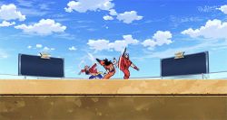 Rule 34 | 10s, animated, animated gif, black hair, blue hair, crossover, dragon ball, dragonball z, dream 9 toriko x one piece x dragon ball z super collaboration special, fighting, lowres, monkey d. luffy, multiple boys, one piece, son goku, toriko, toriko (series)