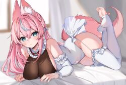 Rule 34 | 1girl, animal ear fluff, animal ears, aqua eyes, bare shoulders, blurry, blurry background, braid, breasts, chain, chained, cleavage, closed mouth, covered navel, detached sleeves, feet, feet up, fox ears, fox girl, fox tail, frilled sleeves, frilled thighhighs, frills, garter straps, green eyes, highres, indoors, large breasts, leash, legs up, leotard, long sleeves, lying, multicolored hair, on bed, on stomach, pink hair, side-tie leotard, skindentation, soles, solo, streaked hair, tail, thighhighs, thighs, toeless legwear, toes, virtual youtuber, vyugen, white hair, white leotard, white thighhighs, yuniiho, yuniiho (vtuber)