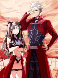 Rule 34 | 1boy, 1girl, :o, archer (fate), archer (fate) (cosplay), bad id, bad pixiv id, black panties, blue eyes, brown hair, cosplay, crossed arms, fate/stay night, fate (series), fingerless gloves, gloves, hair ribbon, long hair, looking at another, official alternate costume, open mouth, panties, ribbon, sweatdrop, tohsaka rin, two side up, underwear, unlimited blade works (fate), white hair, yukowa (kari)