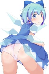 Rule 34 | 1girl, aqua hair, artist request, ass, blue eyes, blush, bow, cameltoe, cirno, clothes lift, dress, dress lift, fairy, from behind, hair bow, highres, ice, looking at viewer, looking back, panties, shiny clothes, shiny skin, short hair, smile, solo, touhou, underwear, wings