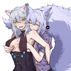 Rule 34 | 2girls, anger vein, animal ears, arknights, bare shoulders, black dress, blush, grabbing another&#039;s breast, closed eyes, closed mouth, covered erect nipples, covered navel, dress, drlee lili, grabbing, grabbing from behind, grey hair, highres, large tail, long hair, mole, mole under mouth, motion lines, multiple girls, open mouth, provence (arknights), purple hair, purple shirt, scavenger (arknights), shirt, short sleeves, simple background, sleeveless, sleeveless dress, tail, upper body, white background, wolf ears, wolf girl, wolf tail, yellow eyes, yuri