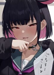 Rule 34 | 1girl, animal ears, black choker, black hair, blue archive, blush, cat ears, choker, collarbone, colored inner hair, commentary, dio nand, hair ornament, hairclip, half-closed eyes, highres, kazusa (blue archive), long sleeves, looking at viewer, multicolored hair, neckerchief, open mouth, pink hair, pink neckerchief, portrait, red eyes, sailor collar, sexually suggestive, short hair, speech bubble, suggestive fluid, translated, wiping mouth