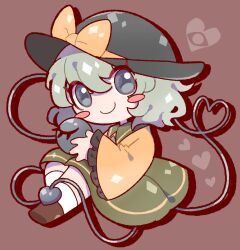 Rule 34 | 1girl, black hat, blouse, blush stickers, bow, brown background, brown footwear, chibi, closed mouth, commentary, frilled sleeves, frills, full body, green eyes, green hair, green skirt, hat, hat bow, heart, heart of string, holding, ikururu, komeiji koishi, long sleeves, looking at viewer, shirt, shoes, short hair, simple background, skirt, smile, socks, solo, third eye, touhou, wide sleeves, yellow bow, yellow shirt