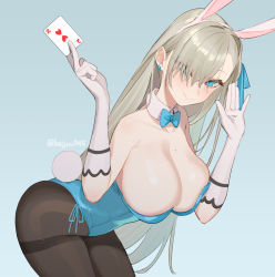 Rule 34 | 1girl, areola slip, asuna (blue archive), asuna (bunny) (blue archive), beijuu, black pantyhose, blonde hair, blue archive, blue background, blue eyes, blue leotard, blush, bow, bowtie, breasts, card, cleavage, detached collar, elbow gloves, gloves, hair over one eye, holding, holding card, huge breasts, leaning forward, leotard, long hair, looking at viewer, mole, mole on breast, pantyhose, playboy bunny, playing card, simple background, smile, solo, thighband pantyhose, traditional bowtie, twitter username, very long hair, white gloves