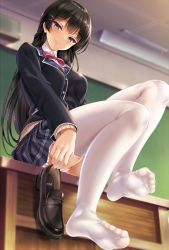 Rule 34 | 1girl, black hair, black jacket, blazer, blue eyes, blunt bangs, blush, bow, bowtie, braid, breasts, classroom, cle masahiro, closed mouth, desk, eyelashes, feet, foot focus, french braid, from below, grey skirt, hair ornament, hairclip, highres, indoors, jacket, legs, loafers, long hair, looking at viewer, looking down, medium breasts, nijisanji, panties, pink bow, pink bowtie, plaid, plaid skirt, pleated skirt, school, shoes, single shoe, sitting, skirt, smile, soles, solo, the human centipede, thighhighs, thighs, toes, tsukino mito, tsukino mito (1st costume), tsurime, underwear, unworn shoes, virtual youtuber, white panties, white thighhighs