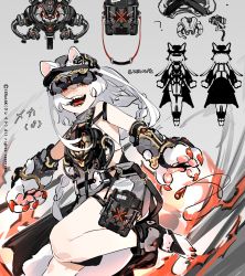 Rule 34 | 1girl, ?, animal ear fluff, animal ears, animal hands, bare shoulders, black headwear, braid, cat ears, claws, concept art, ears visible through hair, fangs, gloves, grey background, hat, highres, holding, ierotak, jewelry, long hair, necklace, open mouth, original, paw gloves, red eyes, shaded face, simple background, slit pupils, teeth, tongue, twitter username, unworn jewelry, unworn necklace, white hair