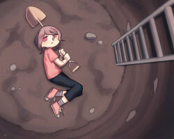 Rule 34 | 1girl, androgynous, black pants, blush, brown hair, from above, from side, futami ya, grey socks, hair between eyes, half-closed eyes, highres, holding, holding shovel, hole, ladder, looking at viewer, looking to the side, lying, on ground, on side, open mouth, original, pants, pink footwear, pink shirt, red eyes, rock, shirt, shoes, short hair, short sleeves, shovel, sneakers, socks, solo, t-shirt, wide shot