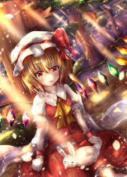 Rule 34 | 1girl, absurdres, animal, animal on lap, arms at sides, ascot, blonde hair, blush, collarbone, dappled sunlight, dutch angle, fang, flandre scarlet, forest, hair between eyes, hat, highres, kpan (kpan123456), light particles, light rays, looking at viewer, mob cap, nature, on lap, open mouth, petals, puffy short sleeves, puffy sleeves, rabbit, red eyes, red skirt, red vest, short hair, short sleeves, side ponytail, sitting, skirt, solo, sunbeam, sunlight, touhou, tree, under tree, vest, wings, wrist cuffs, yellow ascot