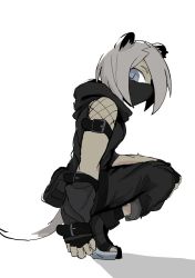 Rule 34 | 1girl, animal ear fluff, animal ears, arknights, black footwear, black gloves, black pants, black shirt, blue eyes, commentary, english commentary, fingerless gloves, fishnets, from side, gloves, grey hair, hair over one eye, highres, looking at viewer, looking to the side, mask, mouth mask, nik (slicknick 000), ninja, ninja mask, pants, shadow, shirayuki (arknights), shirt, shoes, simple background, slit pupils, solo, squatting, tail, white background