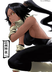 Rule 34 | 00s, 1girl, black hair, black thighhighs, bleach, dark-skinned female, dark skin, dated, from side, ponytail, shihouin yoruichi, simple background, solo, thighhighs, white background