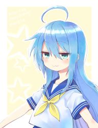 Rule 34 | 1girl, :3, absurdres, ahoge, backlighting, blue hair, blue sailor collar, border, character name, closed mouth, dated, dot nose, english text, eyes visible through hair, green eyes, hair between eyes, happy birthday, highres, inumoto, izumi konata, jitome, long hair, looking at viewer, lucky star, mole, mole under eye, neckerchief, outline, outside border, outstretched arms, ryouou school uniform, sailor collar, sailor shirt, school uniform, serafuku, shiny skin, shirt, short sleeves, sleeve cuffs, smile, solo, star (symbol), starry background, upper body, white border, white outline, white shirt, yellow background, yellow neckerchief