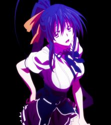 Rule 34 | 10s, 1girl, black hair, breasts, female focus, high school dxd, highres, himejima akeno, large breasts, long hair, looking at viewer, open mouth, ponytail, purple eyes, school uniform, simple background, smile, solo, standing, stitched, third-party edit