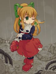 Rule 34 | 1girl, android, arm cannon, beat (mega man), blonde hair, blood, blood on face, boots, buttons, dirty, dirty face, dress, frills, green eyes, hair ribbon, long hair, long sleeves, mizuno mumomo, one eye closed, ponytail, puffy long sleeves, puffy sleeves, rain, red dress, ribbon, mega man (series), mega man (classic), roll (mega man), sidelocks, solo, tears, torn clothes, weapon