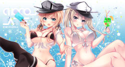 Rule 34 | 2girls, anchor, anchor hair ornament, aqua eyes, artist name, bikini, black bikini, black legwear, blonde hair, blush, breasts, cleavage, commentary request, covered erect nipples, crossed legs, drink, food, front-tie bikini top, front-tie top, graf zeppelin (kancolle), grey eyes, hair between eyes, hair ornament, hand up, hat, ichiyou moka, kantai collection, large breasts, long hair, looking at viewer, low twintails, multiple girls, navel, open mouth, peaked cap, popsicle, prinz eugen (kancolle), puffy nipples, reaching, reaching towards viewer, side-tie bikini bottom, smile, swimsuit, twintails, twitter username, white bikini