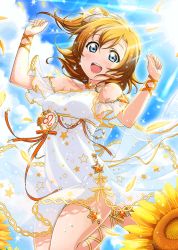 Rule 34 | 1girl, arm ribbon, artist name, artist request, bare legs, bare shoulders, blue eyes, blue sky, blush, bow, breasts, choker, cloud, dress, feet, female focus, frilled sleeves, frills, hair between eyes, hair bow, high heels, jewelry, kosaka honoka, looking at viewer, love live!, love live! school idol festival, love live! school idol project, necklace, orange hair, orange ribbon, outdoors, parted lips, ribbon, ribbon-trimmed legwear, ribbon trim, side ponytail, skirt, sky, small breasts, smile, solo, standing, standing on one leg, star (symbol), star choker, star legwear, star necklace, star print, white bow, white dress, white skirt, yellow footwear, yellow high heels