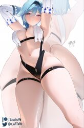 Rule 34 | 1girl, adapted costume, armpits, arms behind head, arms up, ass, black hairband, black headband, black panties, blue hair, blush, breasts, cleavage, detached sleeves, eula (genshin impact), genshin impact, gloves, hair between eyes, hair ornament, hairband, headband, highleg, highleg panties, highres, large breasts, looking at viewer, medium hair, multicolored eyes, multiple views, navel, panties, purple eyes, revealing clothes, skindentation, solo, stomach, thick thighs, thigh strap, thighhighs, thighs, underwear, yellow eyes, zasshu