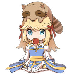 Rule 34 | 1girl, animal, animal on head, arch bishop (ragnarok online), black footwear, blonde hair, blue dress, blue eyes, bow, chibi, cleavage cutout, closed mouth, clothing cutout, commentary request, cross, cup, dress, fishnet thighhighs, fishnets, full body, hair bow, juliet sleeves, long hair, long sleeves, looking at viewer, mouth hold, natsuya (kuttuki), on head, puffy sleeves, raccoon, ragnarok online, red bow, sakazuki, sash, shoes, simple background, sitting, smile, smokie (ragnarok online), swept bangs, thighhighs, two-tone dress, wariza, white background, white dress, white thighhighs, yellow sash