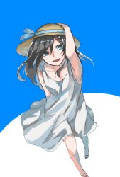 Rule 34 | 1girl, :d, alternate costume, alternate eye color, arm at side, arm up, armpits, b (bgoldmole), bare legs, black hair, blue background, blue eyes, blue ribbon, brown hat, collarbone, commentary, dress, foot out of frame, hair between eyes, hair ornament, hairclip, hat, hat ribbon, kagerou project, open mouth, ribbon, sleeveless, sleeveless dress, slippers, smile, solo, standing, sun hat, tateyama ayano, teeth, two-tone background, upper teeth only, white background, white dress, white footwear