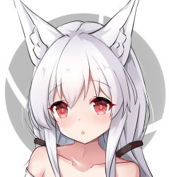 Rule 34 | 1girl, :o, alice mana, alice mana channel, animal ear fluff, animal ears, bare shoulders, blush, collarbone, fox ears, grey background, hair between eyes, hair ornament, highres, long hair, looking at viewer, nagato-chan, parted lips, red eyes, revision, solo, two-tone background, upper body, virtual youtuber, white background, white hair