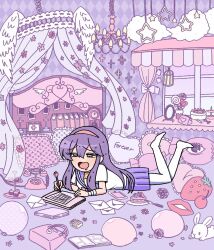 Rule 34 | 1girl, bag, bandaged arm, bandages, birdcage, black eyes, book, bow, cage, cake, candy, chandelier, cherry, clock, cross, drooling, ezaki bisuko, flower, food, fork, fruit, hairband, heart, heart-shaped pillow, hexagram, highres, holding, holding pen, jewelry, lollipop, mail, menhera-chan (ezaki bisuko), mirror, necklace, no shoes, note, pen, phone, pillow, pink bow, pink flower, pink hairband, plate, pleated skirt, purple hair, purple sailor collar, purple skirt, purple theme, rabbit, sailor collar, school uniform, serafuku, skirt, solo, star (symbol), star of david, strawberry, stuffed animal, stuffed rabbit, stuffed toy, thighhighs, white serafuku, white thighhighs, wings, writing, yumekawa-chan (ezaki bisuko)