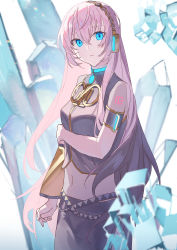 Rule 34 | 1girl, 6o2 (rokumaruni), absurdres, armband, belt, black shirt, blue eyes, blurry, blurry background, brooch, cowboy shot, cropped shirt, detached sleeves, expressionless, glowing, gold trim, headphones, highres, holding own arm, ice background, jewelry, long hair, looking at viewer, megurine luka, midriff, navel, pink hair, shirt, short sleeves, shoulder tattoo, single detached sleeve, solo, standing, tattoo, vocaloid