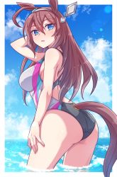 Rule 34 | 1girl, ahoge, animal ears, arm behind head, arm up, ass, bare arms, bare shoulders, black one-piece swimsuit, blue eyes, blue sky, blush, brown hair, cloud, cloudy sky, competition swimsuit, day, e20, grey hairband, grey one-piece swimsuit, hair between eyes, hairband, highres, horse ears, horse girl, horse tail, long hair, mihono bourbon (umamusume), one-piece swimsuit, parted lips, sky, solo, swimsuit, tail, umamusume, very long hair, wading, water