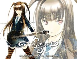 Rule 34 | 1girl, brown eyes, brown hair, brown thighhighs, guitar, instrument, long hair, moonsorrow, necktie, original, school uniform, skirt, solo, thighhighs, twintails, two side up, zoom layer