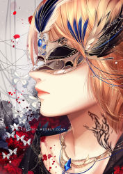 Rule 34 | 1girl, bad id, bad pixiv id, beads, blonde hair, blood, blood stain, bug, butterfly, chain, closed mouth, creamsea, cross, crystal, feathers, flat chest, flower, grey background, hair beads, hair ornament, head wings, insect, jewelry, lips, mask, necklace, original, portrait, profile, red flower, red lips, solo, splatter, string, tattoo, watermark, web address, wings