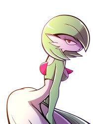 Rule 34 | 1girl, absurdres, arched back, bob cut, breasts, colored skin, creatures (company), crossxvii, female focus, from side, game freak, gardevoir, gen 3 pokemon, green hair, green skin, half-closed eyes, highres, leaning forward, looking at viewer, medium breasts, multicolored skin, nintendo, open mouth, pokemon, pokemon (creature), profile, red eyes, short hair, simple background, solo, standing, two-tone skin, white background, white skin, wide hips