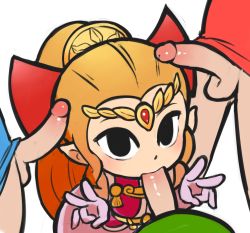 Rule 34 | 1girl, 3boys, black eyes, double v, dress, erection, fellatio, forehead jewel, from above, hair ribbon, highres, link, long hair, looking at viewer, multiple boys, nintendo, notepaddy, oral, orange hair, penis, pointy ears, ponytail, princess zelda, ribbon, simple background, solo focus, testicles, the legend of zelda, the legend of zelda: four swords, tiara, toon zelda, uncensored, v, white background