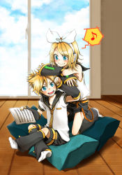 Rule 34 | 1boy, 1girl, abe., abe toshi, blonde hair, blue eyes, brother and sister, hair ornament, hair ribbon, hairclip, headphones, headset, kagamine len, kagamine rin, musical note, necktie, open mouth, quaver, ribbon, sheet music, short hair, shorts, siblings, smile, spoken musical note, twins, vocaloid