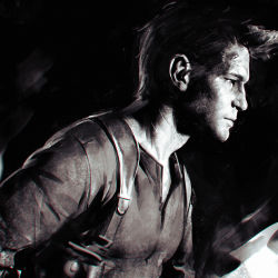 Rule 34 | 1boy, bad id, bad tumblr id, buckle, closed mouth, from side, grey theme, greyscale, ilya kuvshinov, looking afar, male focus, manly, monochrome, nathan drake, profile, realistic, scar, scar on face, shirt, solo, suspenders, uncharted 4, upper body