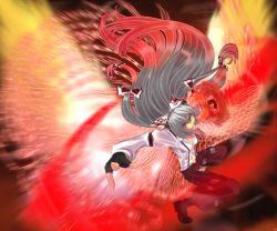 Rule 34 | 1girl, absurdres, action, bad id, bad pixiv id, boots, cigarette, clenched hand, female focus, fingerless gloves, fire, foreshortening, fujiwara no mokou, gloves, grin, highres, kneeling, kumonji aruto, long hair, mouth hold, navel, pointing, smile, solo, suspenders, touhou, wings