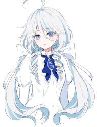 1girl absurdres ahoge alternate_costume blue_eyes blue_hair blush bow closed_mouth cropped_torso dress drill_hair eyelashes furina_(genshin_impact) furina_(old_design)_(genshin_impact) genshin_impact grey_hair hair_between_eyes hair_bow highres juliet_sleeves long_hair long_sleeves looking_at_viewer low_twintails mismatched_pupils multicolored_hair puffy_sleeves sana_(sanamaru_0w0) simple_background solo twintails upper_body very_long_hair white_background white_bow white_dress