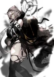 Rule 34 | 1girl, arknights, ass, backpack, bag, black dress, black thighhighs, blurry, blurry background, brown eyes, brown hair, closed mouth, depth of field, dress, hair over one eye, highres, hood, hood up, long sleeves, looking at viewer, looking back, pointy ears, solo, thighhighs, tomimi (arknights), torn clothes, torn dress, torn thighhighs, yacchi (yxxrem)