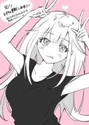Rule 34 | 1girl, :q, armpits, black shirt, blush, breasts, closed mouth, collarbone, commentary request, dot nose, double v, greyscale, greyscale with colored background, hands on own head, hands up, heart, highres, inu totemo, large breasts, leaning to the side, long bangs, long hair, looking at viewer, monochrome, original, pink background, shirt, short sleeves, sidelocks, solo, straight hair, tongue, tongue out, translation request, upper body, v
