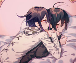 Rule 34 | 2boys, ahoge, bare shoulders, bed sheet, black hair, blush, checkered clothes, checkered scarf, closed mouth, commentary request, danganronpa (series), danganronpa v3: killing harmony, ewa (seraphhuiyu), frown, hair between eyes, half-closed eyes, highres, jacket, long sleeves, looking at another, looking at viewer, lying, lying on another, male focus, multicolored hair, multiple boys, off shoulder, oma kokichi, on stomach, pillow, purple eyes, saihara shuichi, scarf, shirt, short hair, smile, straitjacket, striped clothes, striped shirt, white jacket, yaoi