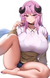 Rule 34 | 1girl, bare arms, barefoot, black choker, breasts, choker, closed mouth, commission, criss-cross halter, curled horns, demon tail, fingernails, halterneck, hand up, highres, horns, huge breasts, long hair, long sleeves, looking at viewer, nail polish, original, pink hair, pointy ears, purple nails, simple background, sitting, skeb commission, solo, spread legs, suruga (xsurugax), swimsuit, swimsuit under clothes, tail, toenail polish, toenails, white background
