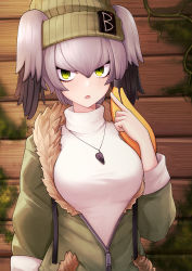 Rule 34 | 1girl, absurdres, alternate costume, arm at side, beanie, black hair, breasts, casual, contemporary, fur trim, green eyes, grey hair, hair between eyes, hair through headwear, hand up, hat, highres, jacket, jacy, jewelry, kemono friends, large breasts, long hair, long sleeves, looking at viewer, medium breasts, multicolored hair, open mouth, orange hair, partially unzipped, pendant, pocket, pointing, pointing at self, shoebill (kemono friends), sidelocks, solo, sweater, upper body, zipper, zipper pull tab