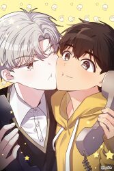 Rule 34 | 2boys, absurdres, aged down, antique phone, child, collared shirt, highres, hood, hoodie, ilay riegrow, jeong taeui, light smile, multiple boys, o ssion, one eye closed, passion (manhwa), phone, shirt, sweater vest, yellow hoodie