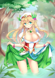Rule 34 | 1girl, blonde hair, blush, breasts, cleavage, clothes lift, curtsey, dress, dress lift, freyja (p&amp;d), green eyes, hat, jewelry, kaki s, large breasts, long hair, looking at viewer, lots of jewelry, necklace, puzzle &amp; dragons, shiny skin, smile, solo, tree, wading, water