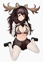 Rule 34 | 10s, 1girl, :d, akino (akinosakuya25254), animal ears, antlers, bikini, bikini top only, black bikini, black footwear, black hair, black scarf, black skirt, blush, breasts, brown eyes, cleavage, full body, grey background, grey shirt, hands on own stomach, horns, kemono friends, large breasts, lifting own clothes, loafers, long hair, long sleeves, looking at viewer, moose (kemono friends), moose ears, navel, open mouth, pantyhose, scarf, shiny clothes, shirt, shoes, simple background, sitting, skirt, smile, solo, swimsuit, very long hair, wariza, white pantyhose