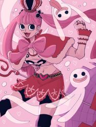 Rule 34 | 1girl, black eyes, blunt bangs, capelet, commentary, crop top, crown, ghost, heart, highres, holding, holding umbrella, looking at viewer, monmonmochigome, navel, one piece, pantyhose, perona, pink background, red capelet, red skirt, skirt, smile, striped clothes, striped pantyhose, tongue, tongue out, twintails, umbrella
