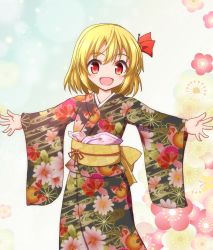 Rule 34 | 1girl, :d, alternate costume, black kimono, black ribbon, blonde hair, blush, cowboy shot, floral background, floral print, gradient background, hair ribbon, japanese clothes, kimono, long sleeves, looking at viewer, obi, open mouth, outstretched arms, print kimono, red eyes, ribbon, rumia, sash, short hair, smile, solo, spread arms, spread fingers, tareme, teoi (good chaos), touhou, wide sleeves