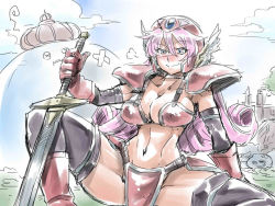 Rule 34 | 1girl, armor, bikini armor, boots, breasts, choker, cleavage, dragon quest, dragon quest iii, elbow gloves, gloves, helmet, king slime (dragon quest), large breasts, long hair, looking at viewer, navel, purple hair, red armor, slime (dragon quest), smile, soldier (dq3), sword, tukiwani, weapon, winged helmet