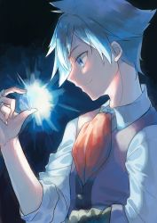 Rule 34 | 1boy, blue eyes, blue hair, closed mouth, collared shirt, commentary, creatures (company), fingernails, from side, game freak, hand up, jewelry, male focus, necktie, nintendo, no jacket, odashi (namiri), pokemon, pokemon oras, purple vest, red necktie, ring, shirt, short hair, sleeves rolled up, smile, solo, steven stone, upper body, vest, white shirt