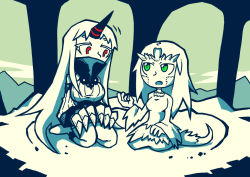 Rule 34 | 2girls, blue eyes, chibi, claws, commentary, crossover, dark souls (series), dark souls i, english commentary, eye contact, fang, gorget, horns, kantai collection, limited palette, long hair, looking at another, multiple girls, open mouth, priscilla the crossbreed, red eyes, seaport princess, seiza, setz, sitting, slit pupils, tail, very long hair