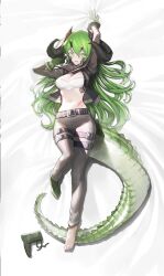 Rule 34 | 1girl, arknights, arm up, black jacket, boots, crocodilian tail, dakimakura (medium), dragon horns, estelle (arknights), full body, gloves, green footwear, green gloves, green hair, grey pants, gstiyl, horns, jacket, long hair, lying, material growth, midriff, navel, on back, open clothes, open jacket, oripathy lesion (arknights), pants, scales, scar, scar on face, scar on nose, single boot, solo, tail