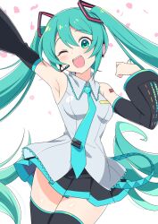 Rule 34 | 1girl, :d, arm up, armpits, bare shoulders, black skirt, black sleeves, black thighhighs, blue eyes, blue hair, blue nails, blue necktie, blush, collared shirt, cowboy shot, detached sleeves, dot nose, falling petals, frilled shirt, frills, hatsune miku, headset, highres, kamuraaa 615, legs together, long hair, long sleeves, looking at viewer, microphone, miniskirt, nail polish, necktie, number tattoo, open mouth, petals, pleated skirt, shirt, sidelocks, simple background, skirt, sleeveless, sleeveless shirt, smile, solo, tattoo, teeth, thick thighs, thighhighs, thighs, tie clip, twintails, upper teeth only, very long hair, vocaloid, white background, white shirt, zettai ryouiki